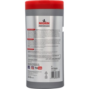 Nigrin Pflegetücher Seidenmatt, 30 Stück, zur Autopflege im grauen Behälter mit rotem Deckel.