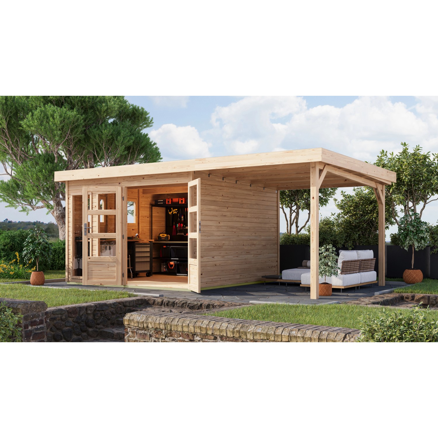 Karibu Gartenhaus Maradi mit Anbaudach, naturbelassen. Holzhaus mit Werkbank und Sitzbereich im Garten.