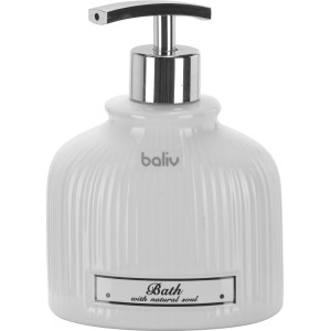 Weißer baliv Seifenspender aus Keramik mit Rillenmuster und silberfarbenem Pumpkopf.