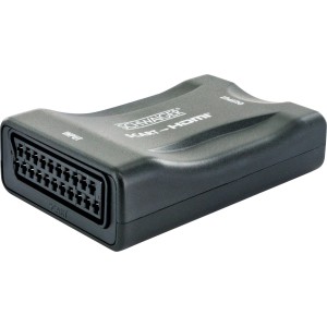Schwaiger SCART zu HDMI Konverter, schwarzes Gehäuse mit SCART- und HDMI-Anschluss.