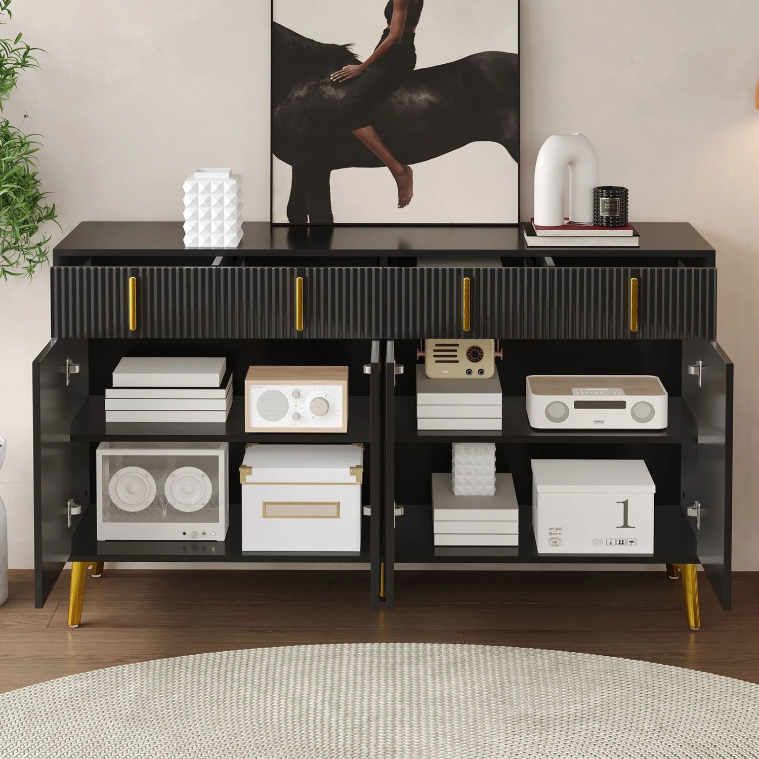 okwish Sideboard mit 4 Türen 4 Schubladen Goldgriffen Wohnzimmer Esszimmer 140x38x82cm Schwarz_6