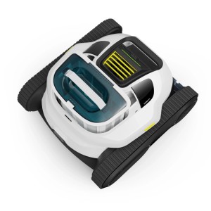 Weißer Mammotion Spino E1 Akku-Poolreinigungsroboter mit schwarzen Raupenketten, blauem Filter und gelbem Gitter.