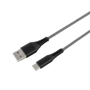 Schwarzes USB-Ladekabel (USB-A auf USB-C) mit grauem Textilmantel, 1,5 m lang.