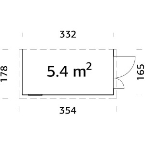 Grundriss Palmako Mia Holz-Gartenhaus: 332x165cm, Pultdach, unbehandeltes Holz, 5,4 m² Fläche.