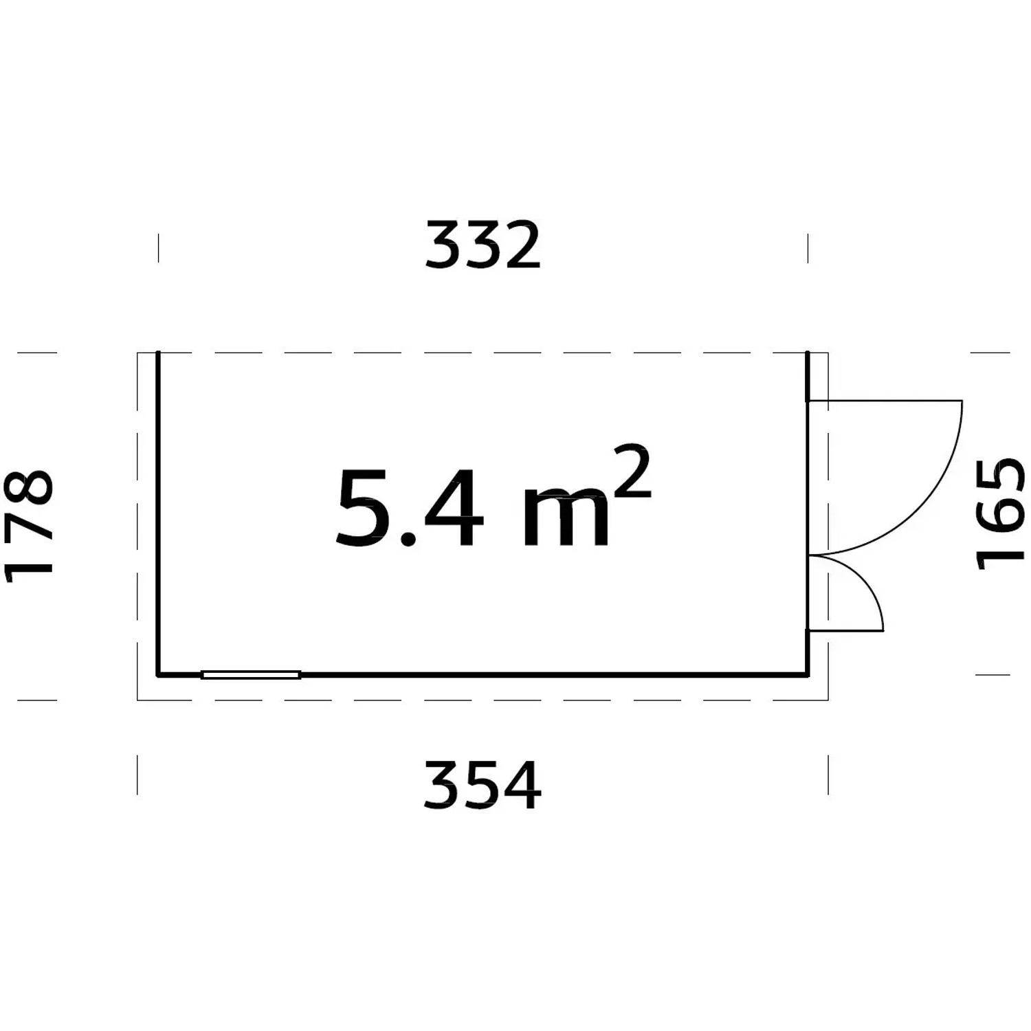 Grundriss Palmako Mia Holz-Gartenhaus: 332x165cm, Pultdach, unbehandeltes Holz, 5,4 m² Fläche.