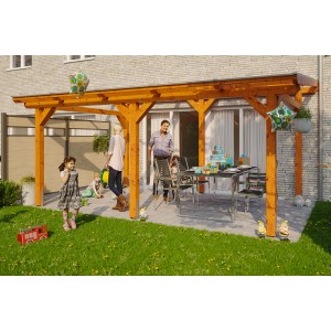 Freistehende Skan Holz Terrassenüberdachung Siena aus Leimholz Eiche hell, mit Familie im Garten.
