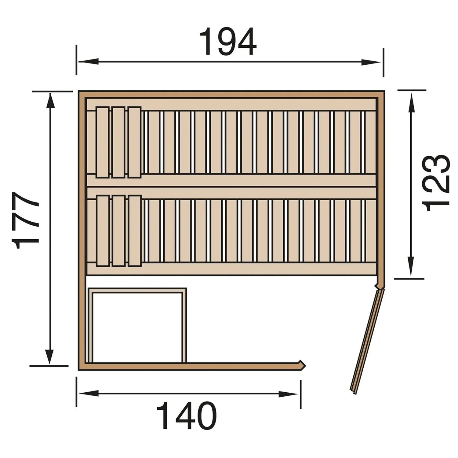 Grundriss der Weka Element-Ecksauna Varberg: Maße und Aufteilung mit Bänken und Eckeinstieg.