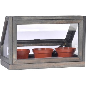 Mini-Gewächshaus aus Holz, grau, mit 3 Töpfen für Jungpflanzen, geeignet für Holz-Hochbeete.