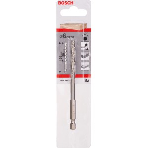 Bosch Holzspiralbohrer, 6 mm Durchmesser, mit 1/4 Zoll Sechskantschaft für präzise Holzarbeiten.