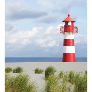Schulte Duschrückwand mit Leuchtturm-Motiv über Eck, rot-weiß gestreift.
