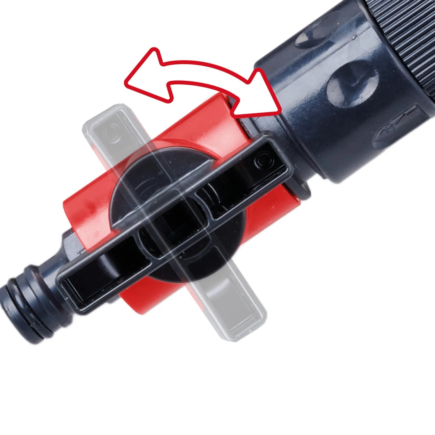 Detailaufnahme: Roter Absperrhahn mit Pfeil der Einhell Regenfasspumpe GC-SP 4042 RB.
