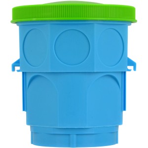 Blaue Betondose 60 mm x 111 mm mit grünem Deckel für Elektroinstallation.