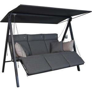Angerer Hollywoodschaukel 3-Sitzer Lounge Smart Stone mit Sonnendach und grauen Polstern.