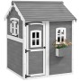 Graues Outsunny Kinderspielhaus aus Holz mit weißem Dach, Fenstern, Tür und Pflanzkasten mit bunten Blumen.