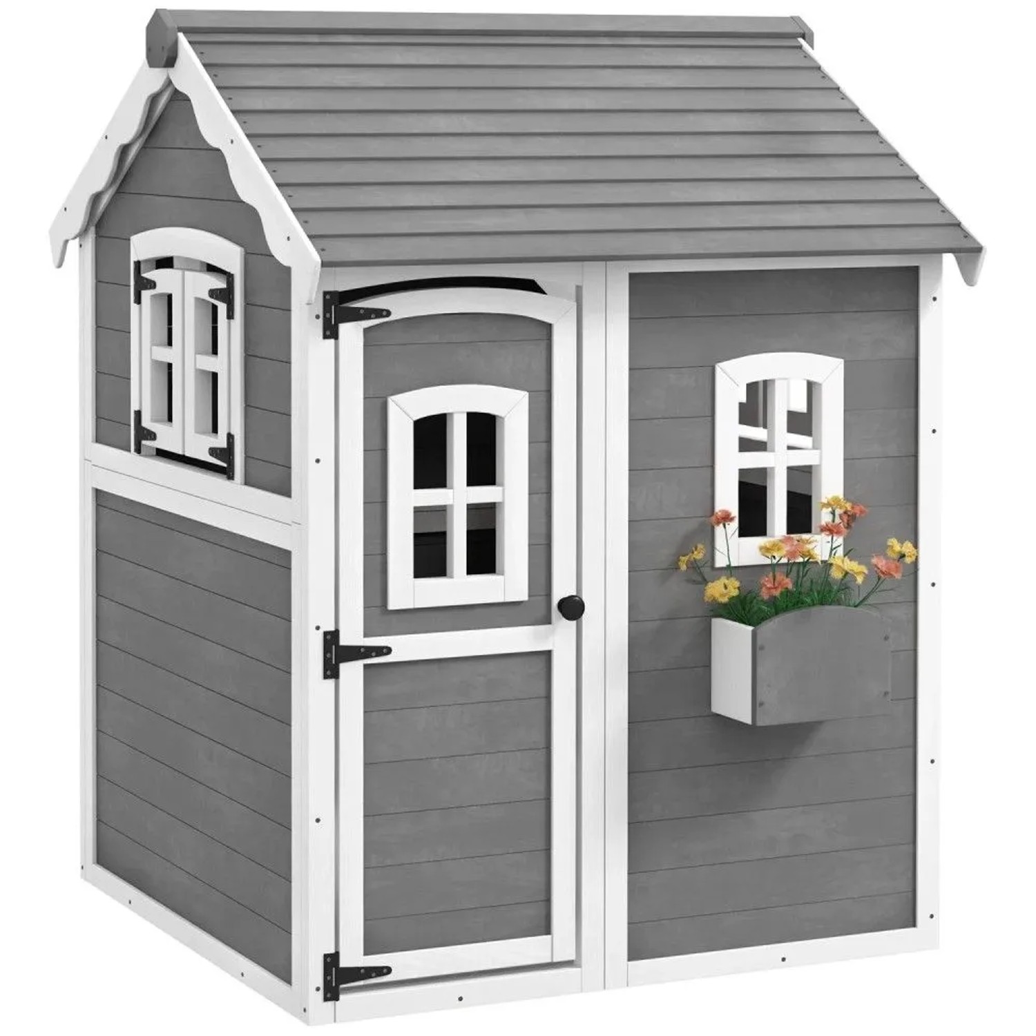 Graues Outsunny Kinderspielhaus aus Holz mit weißem Dach, Fenstern, Tür und Pflanzkasten mit bunten Blumen.