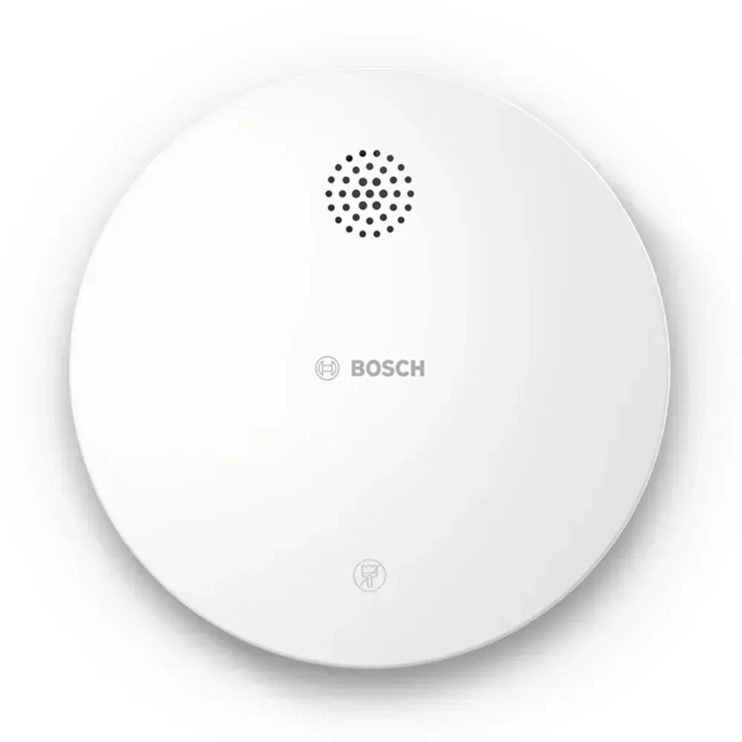 Weißer Bosch Smart Home Rauchwarnmelder II für Hausautomation. Warnt per Sirene und App.
