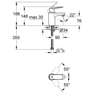 Technische Zeichnung: Grohe Eurosmart C Waschtischarmatur S-Size, Chrom, mit Maßangaben.