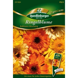 Samentüte Quedlinburger Ringelblume 'Kablouna Mischung' mit orangefarbenen und gelben Blüten.
