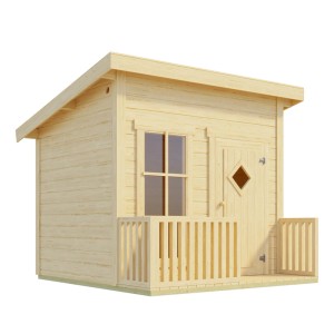 Lasita Maja Kinderspielhaus Natur Flipp aus hellem Holz mit Terrasse, Fenster und Tür. Robustes Spielhaus für Kinder.