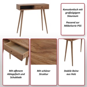 MCA Konsolentisch P55 aus Massivholz mit Schublade und offenem Staufach, 80x80x34cm.