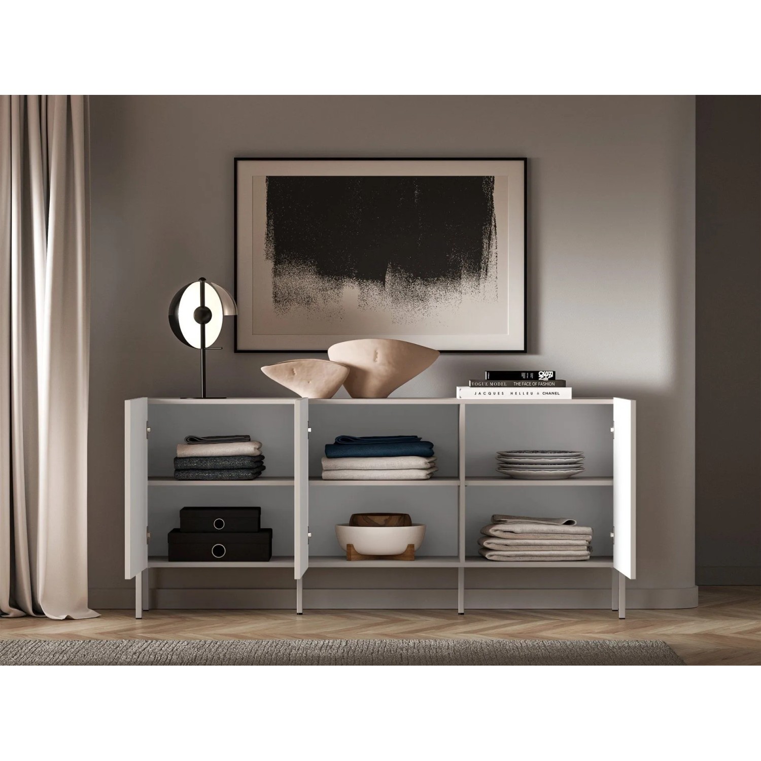 Selsey Sideboard Derriva Kaschmir, dreitürig, mit offenen Türen und sechs Fächern für Stauraum. Modernes Möbelstück.