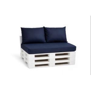 Marineblaues Palettenkissen-Set mit Sitz- und Rückenkissen für Palettenmöbel im Garten oder Wohnbereich.