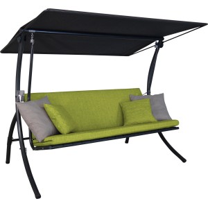 Angerer Hollywoodschaukel Motion Smart Lime mit schwarzem Sonnendach und grünen Kissen.