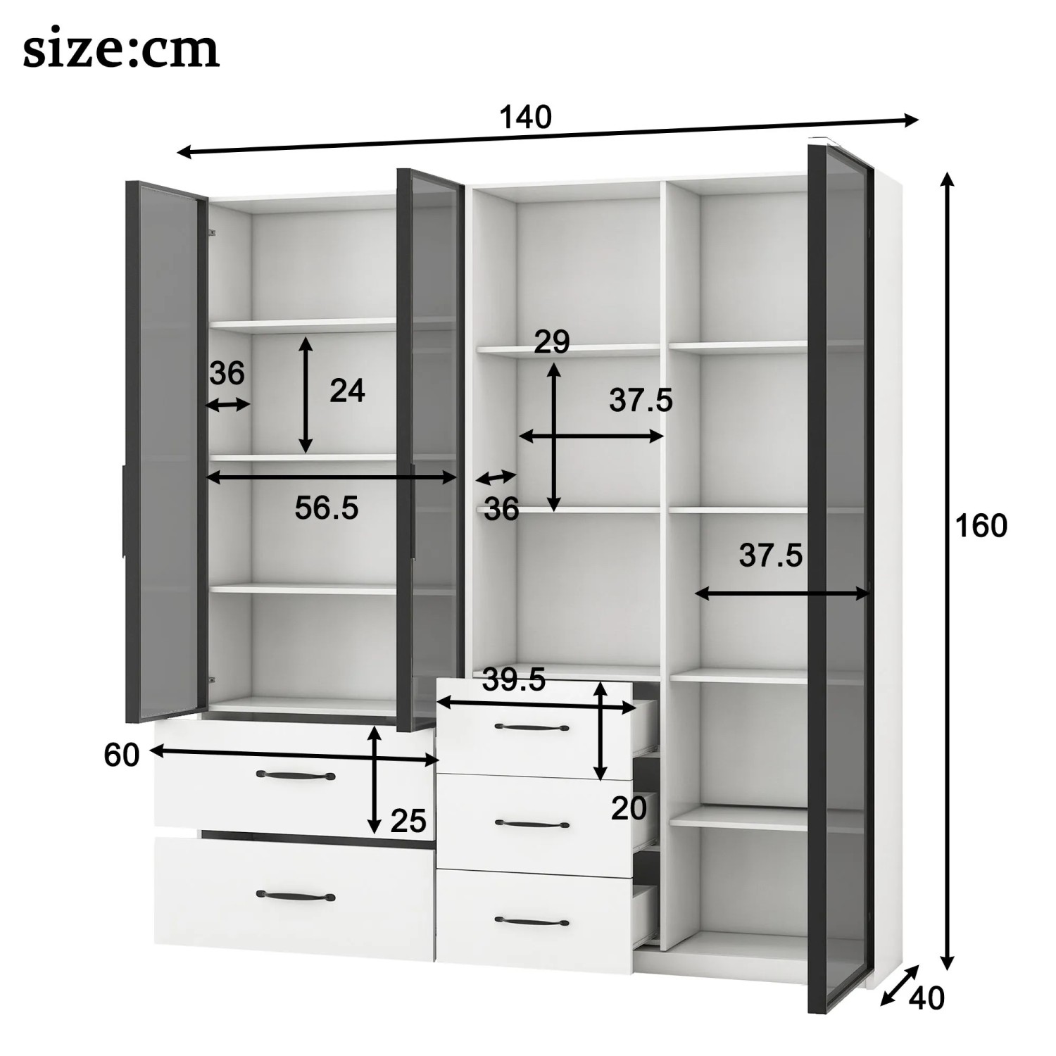okwish Vitrine mit LED Glasfächern Bücherregal Wohnzimmer 140x40x160cm Weiß_5