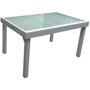 Rechteckiger, ausziehbarer Gartentisch Lola in Grau mit Aluminiumgestell und glatter Tischplatte.