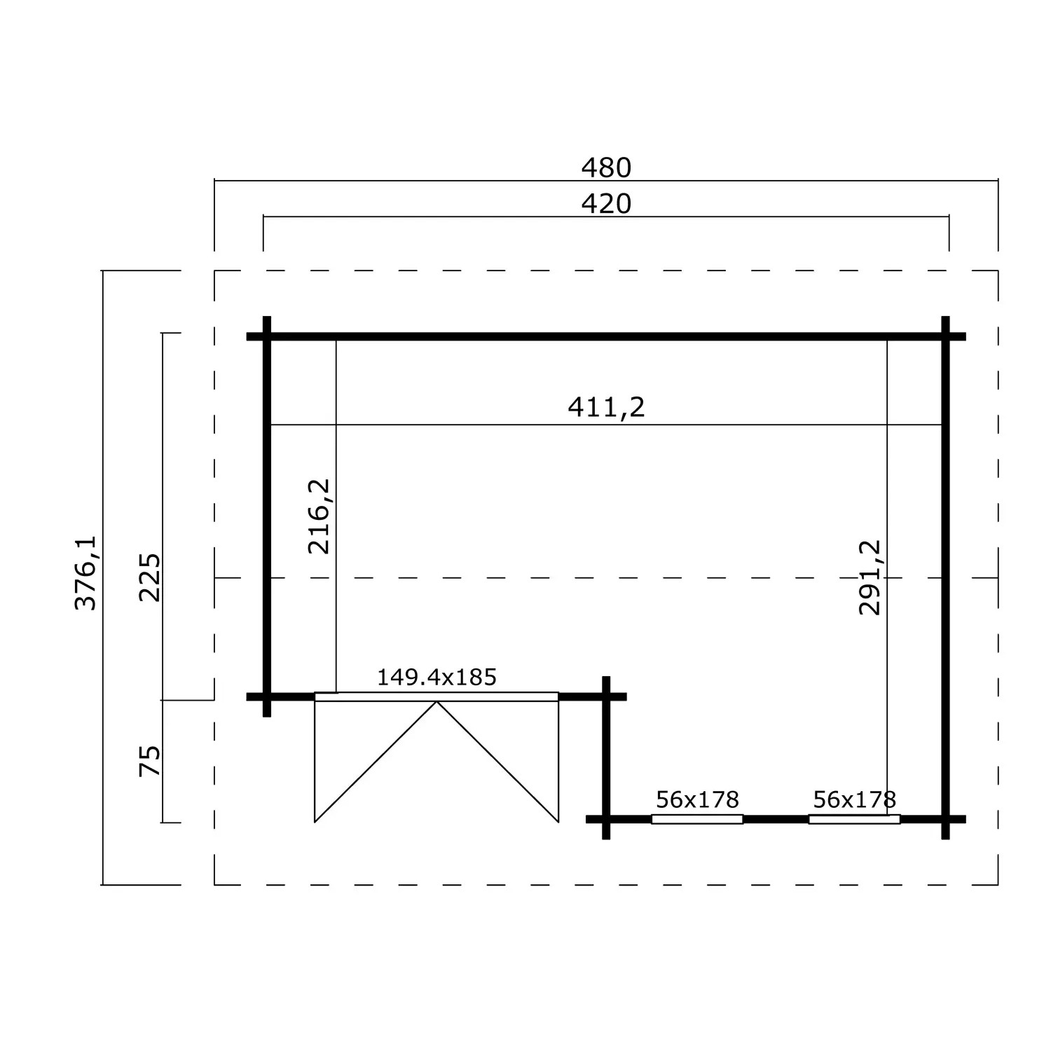 Grundriss Gartenhaus Lasita Maja Hampshire, 420x300 cm, Schwedenrot, mit Maßangaben.