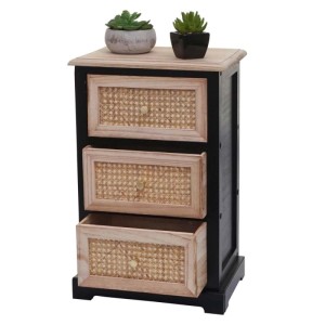 MCW Kommode K87, schwarz/naturfarben, mit drei Schubladen und Rattanfronten.