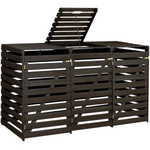 Anthrazitfarbene Mülltonnenbox für 3 Tonnen, aus imprägniertem Holz mit geöffnetem Deckel.