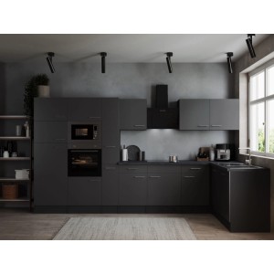 Moderne Respekta Winkelküche Oliver, 370 cm, Grau, mit Elektrogeräten und Arbeitsplatte in Granit Optik.