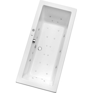 Weisse rechteckige Whirlpool-Badewanne Cubic 170x75 cm mit Hydromassage-Düsen.