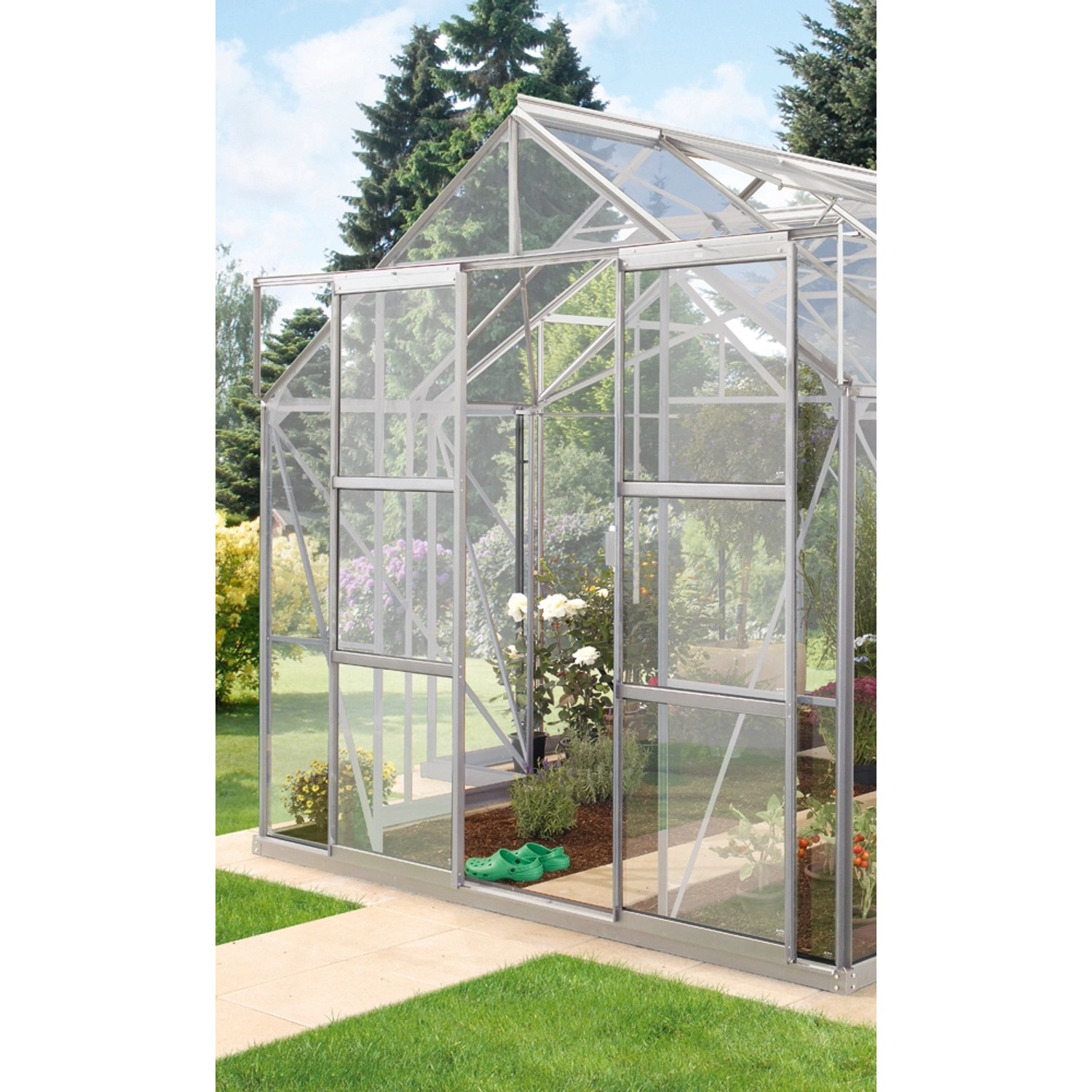 Vitavia Doppeltür-Set für Sirius Gewächshaus, Alu blank, mit geöffneten Türen und Pflanzen im Inneren.