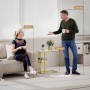 HOMCOM Beistelltisch weiß mit Marmoroptik, goldfarbenem C-Rahmen und 2 Ablagen, neben Sofa im Wohnzimmer.