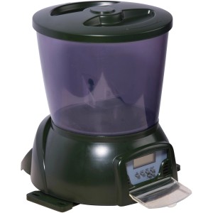 Programmierbarer Teich-Futterautomat für Fischfutter, grün, mit LCD-Anzeige.