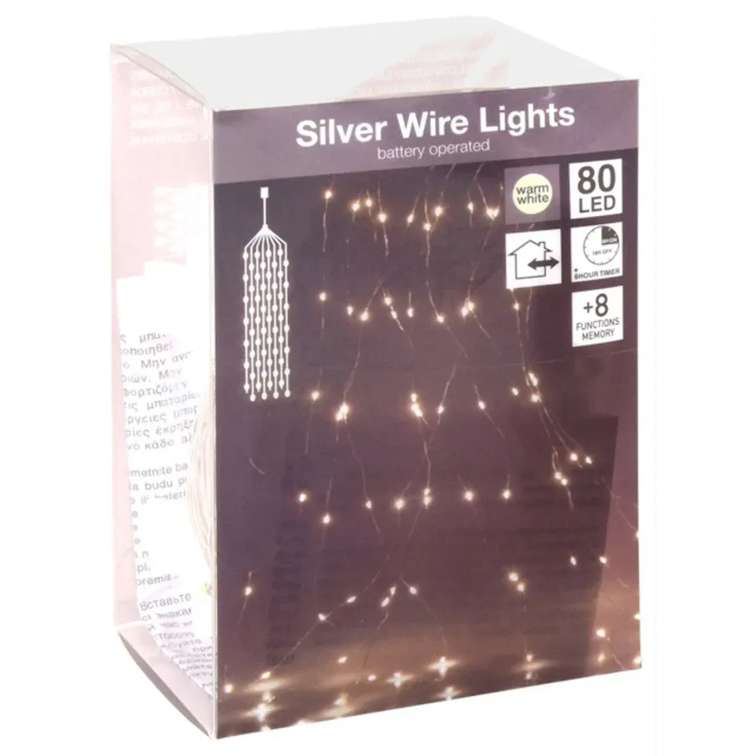 Verpackung der Silberdraht-Lichterkette Kaskade mit 80 warmweißen LEDs für Innen und Außen.