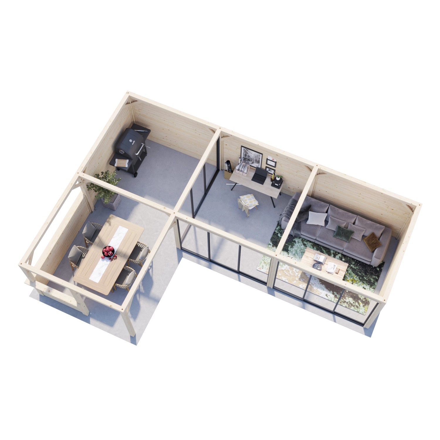 Draufsicht: Weiß lackierter Palmako Pavillon Bianca Set 220 mit Schiebetüren und verschiedenen Nutzungsmöglichkeiten.