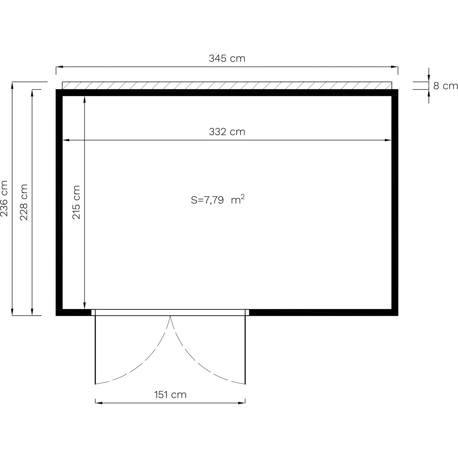 Grundriss Bertilo Gartenhaus HPL 2 Anthrazit-Grau, 228x345cm, Holz-Gartenhaus mit Maßen.