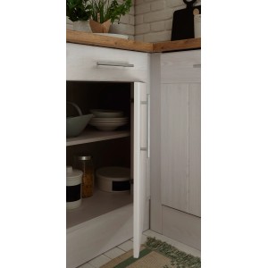 Respekta L-Küchenzeile Anton in Lärche Weiß, Detailaufnahme mit geöffnetem Schrank.