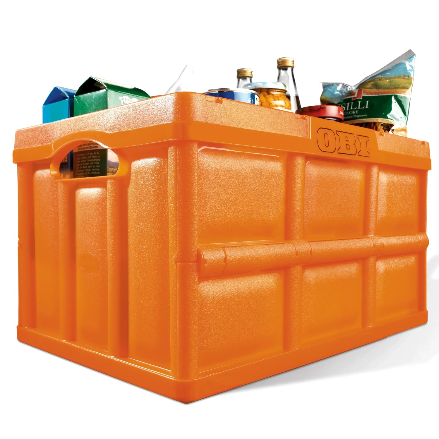 Orange OBI Klappbox (46 l) gefüllt mit Lebensmitteln. Praktische Aufbewahrungsbox, faltbar und stabil.