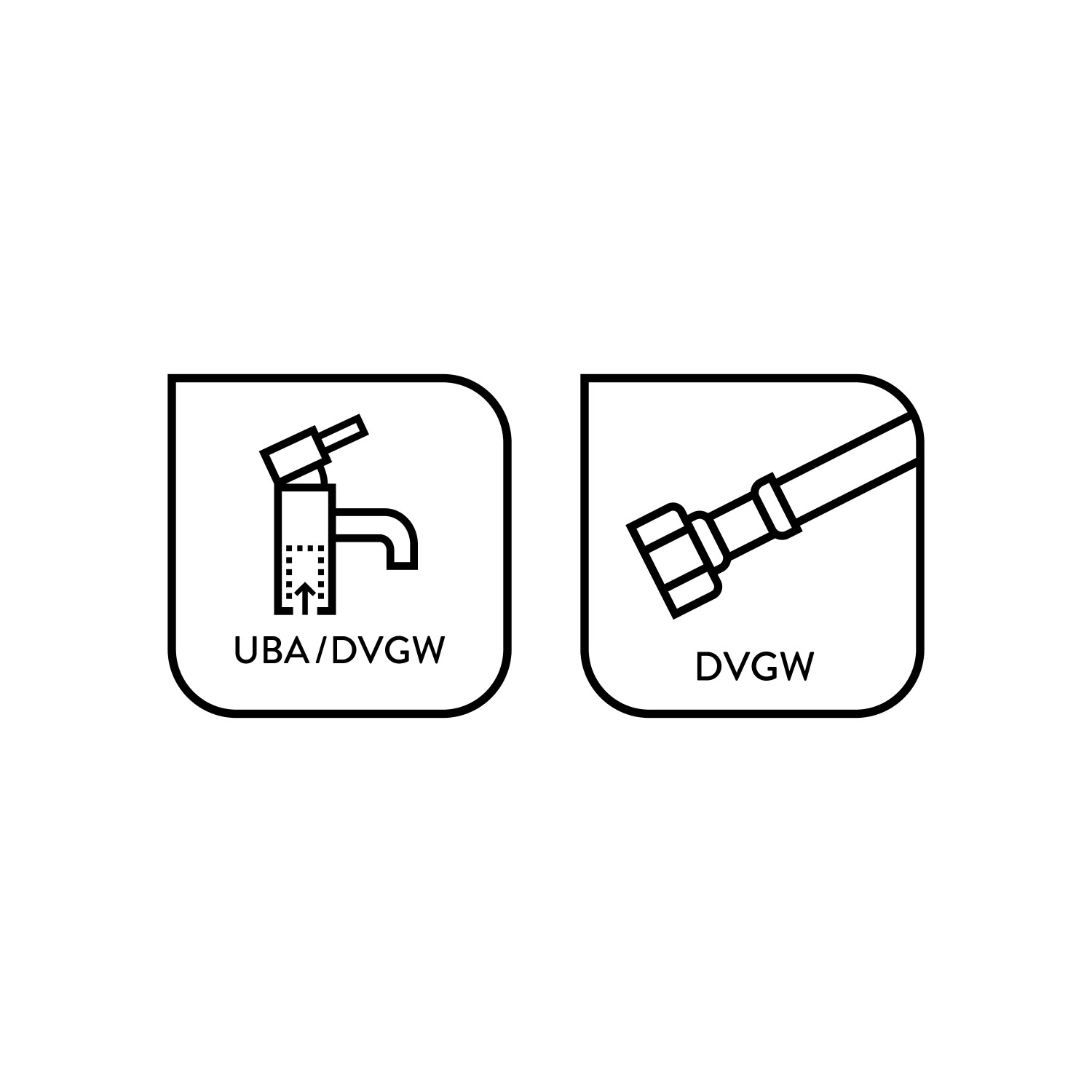 Icons für baliv Waschtischarmatur WT-5170: UBA/DVGW-Zertifizierung und DVGW-Zertifizierung des Anschlussschlauchs.