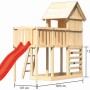 Karibu Stelzenhaus Frieda mit roter Rutsche, Kletterwand und Anbau. Spielturm aus Holz für Kinder.
