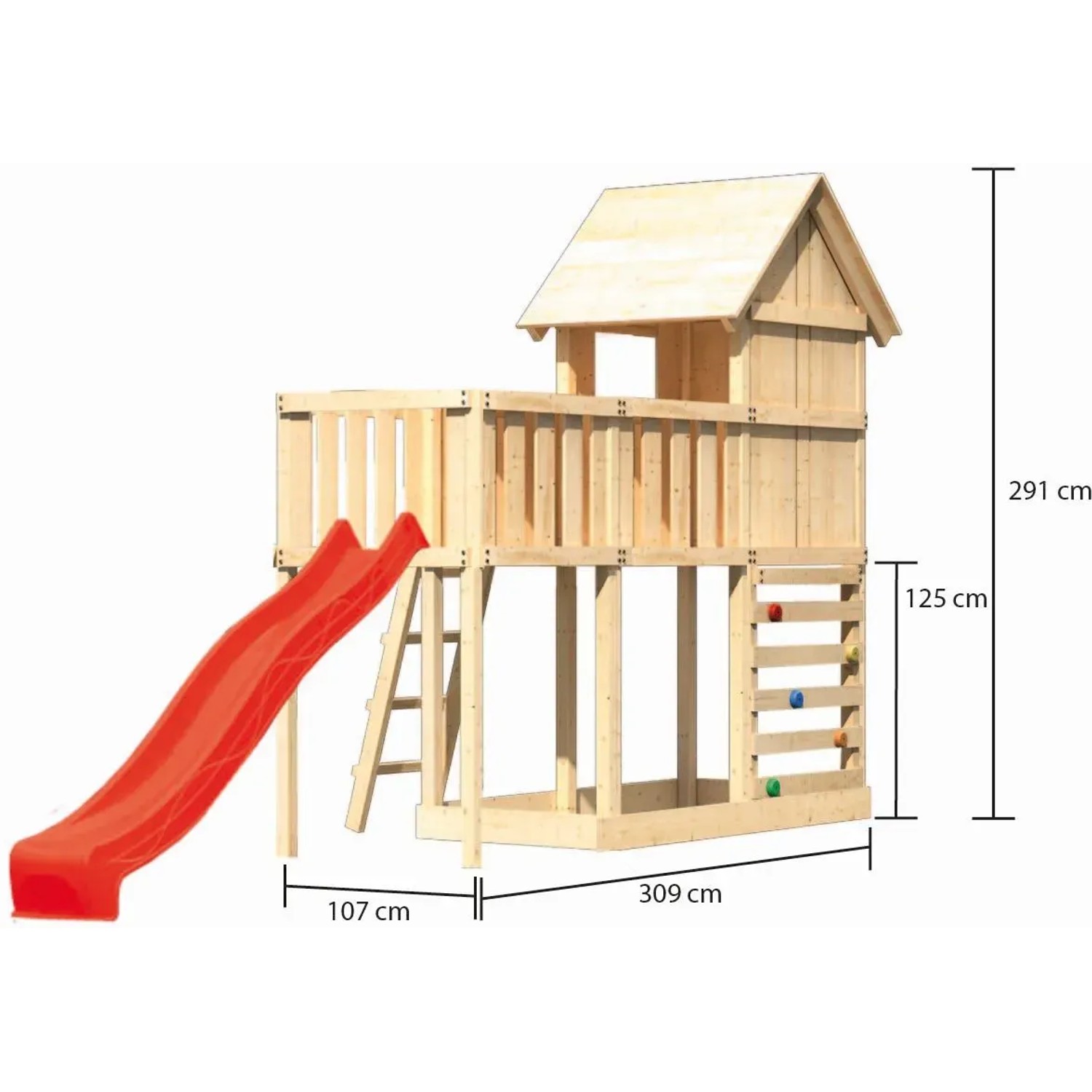 Karibu Stelzenhaus Frieda mit roter Rutsche, Kletterwand und Anbau. Spielturm aus Holz für Kinder.