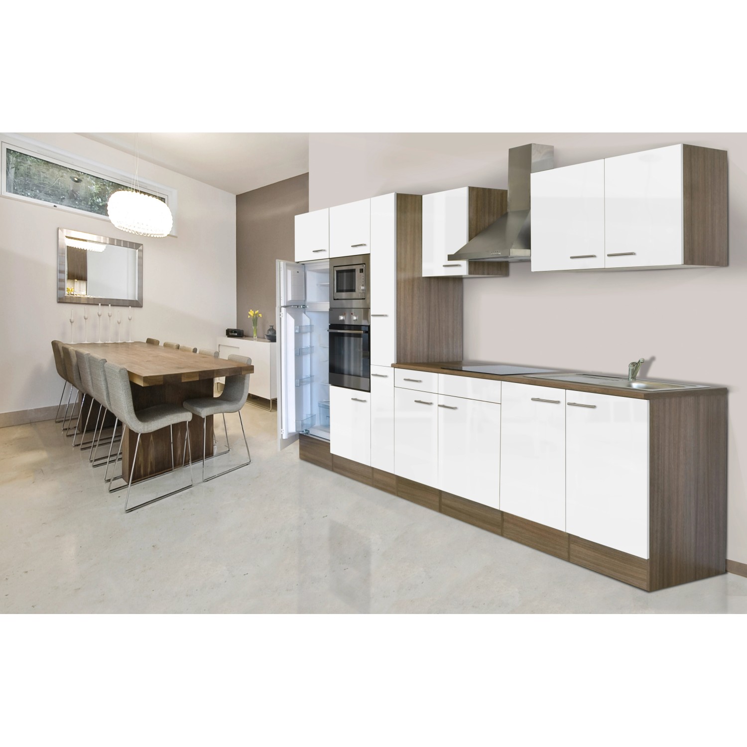 Respekta Küchenzeile KB360EYWMIGKE, 360 cm, Weiß Seidenglanz/Eiche York Nachbildung, mit E-Geräten.