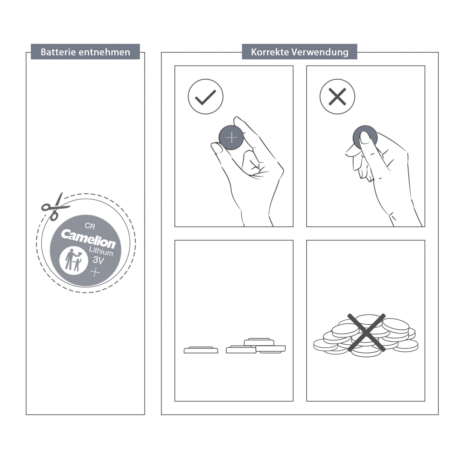 Anleitung zur korrekten Verwendung der Camelion CR2477 Lithium Knopfzelle.