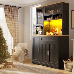 okwish Hochschrank mit LED-Beleuchtung Vitrine Küche 104 x 40 x 180 cm Schwarz