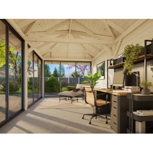 Innenansicht: Weiß lackierter Palmako Pavillon Bianca mit Schiebetüren, genutzt als Büro.