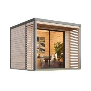Modernes Karibu Gartenhaus Flavio A in Natur-Grau mit Schiebetür und Lamellenwänden.